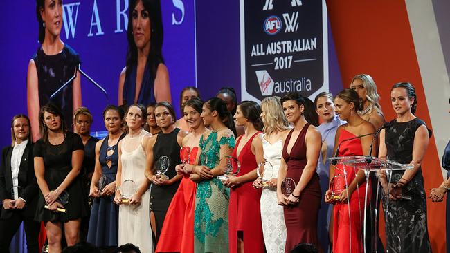 The first AFLW All-Australian team with captain Daisy Pearce (right). Picture: Ian Currie