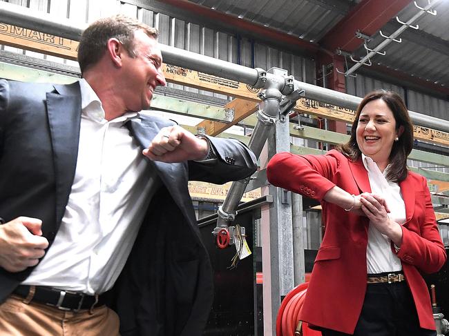 BRISBANE , AUSTRALIA - NewsWire Photos - OCTOBER 18, 2020.Queensland Premier Annastacia Palaszczuk elbow-buenos with her deputy Steven Miles during LaborÃs campaign launch in Brisbane. Queenslanders go to the polls on October 31. Picture: NCA NewsWire / Dan Peled