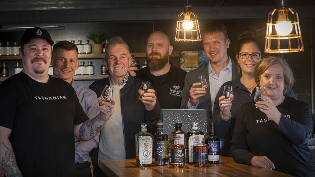 Belfast Whiskey Week, Transportation Whiskey John Halton, Department of State Growth Trade Development Advisor Ben Wilkinson, Belgrove Distillery Peter Bignell, Hobart Whisky John Jarvis, Destination Southern Tasmania Industry Development Co-ordinator Damian Mather, Killara Distillery Kristy Lark- Booth and Hunter Island Distillery Madeleine Mackey at Hobart Whisky. Picture: Chris Kidd