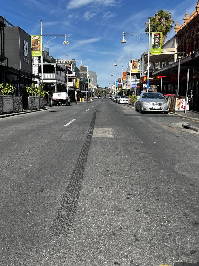 Burnout marks on Hindley St, Adelaide. Picture: Emma Brasier