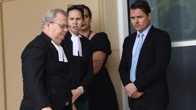 Crown prosecutor Damien Jones (left) alongside members of the prosecution and a court liaison officer (back) on day three of Eliasoa Thomas Wasaga’s murder trial at the Supreme Court at Darwin, October 30, 2024. Picture: Alex Treacy