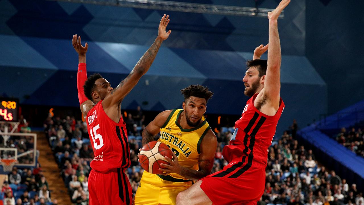 Jonah Bolden of the Boomers in action during the second Australia v Canada basketball match at RAC Arena in Perth, Saturday, August 17, 2019. (AAP Image/Richard Wainwright) NO ARCHIVING, EDITORIAL USE ONLY