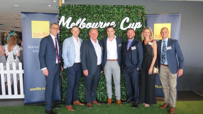 Lawrence Devine (Savills), Kerrard Webster (BOQ), Warren Bobbierman (BOQ), Darragh O’Riordan (BOQ), Arron Todd (BOQ), Aggie Bik (Savills), Richard Cleaver (BOQ) at Savills Melbourne Cup celebrations at Fridays in the Brisbane CBD,