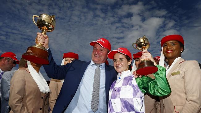 Darren Weir and Michelle Payne celebrate Prince Of Penzance’s Melbourne Cup victory. Picture: Colleen Petch