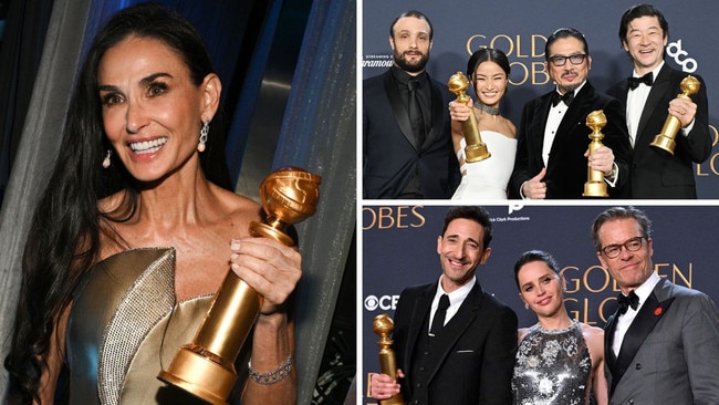 Clockwise from main: Demi Moore; Shogun cast Cosmo Jarvis, Anna Sawai, Hiroyuki Sanada, Tadanobu Asano; The Brutalist star Adrien Brody with fellow cast members Felicity Jones and Guy Pearce. Picture: Getty Images