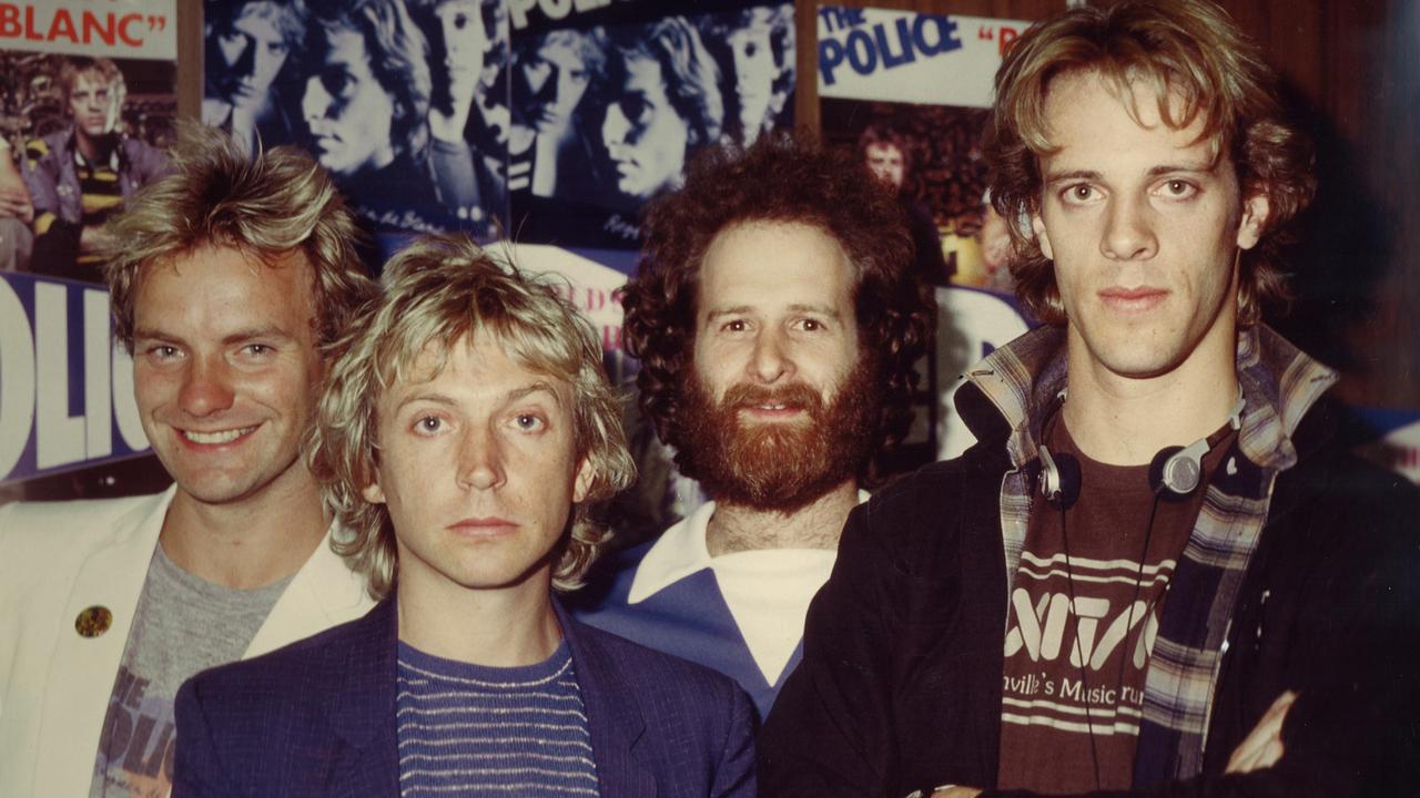 Michael Gudinski and The Police in 1981 in a scene from the documentary Ego: The Michael Gudinksi Story.