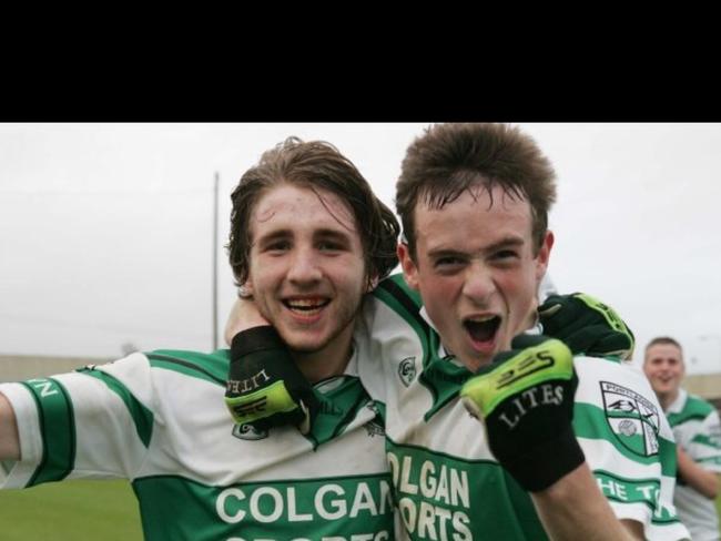 Geelong player Zach Tuohy, left, playing Gaelic football for Portlaoise in Ireland. Picture: Instagram