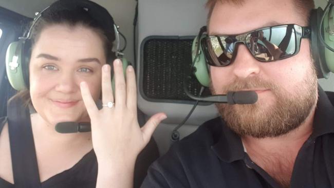 Victoria Twivey with her engagement after Rhys McCully asked her to marry him in a helicopter above Pallarenda.