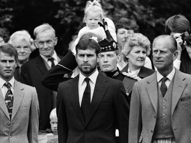 A bearded Prince Andrew with Prince Edward and Prince Philip at Balmoral in 1983. Picture: Getty Images