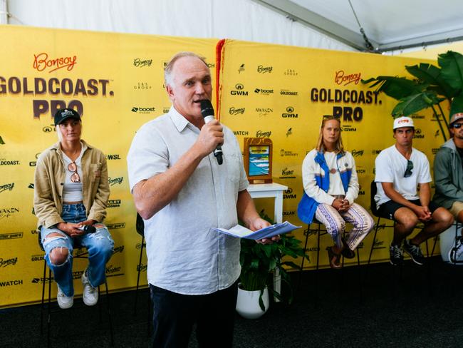 GOLD COAST, QUEENSLAND, AUSTRALIA - APRIL 26: WSL APAC President Andrew Stark at the Press Conference prior to the commencement of the Bonsoy Gold Coast Pro on April 26, 2024 at Gold Coast, Queensland, Australia. (Photo by Cait Miers/World Surf League)