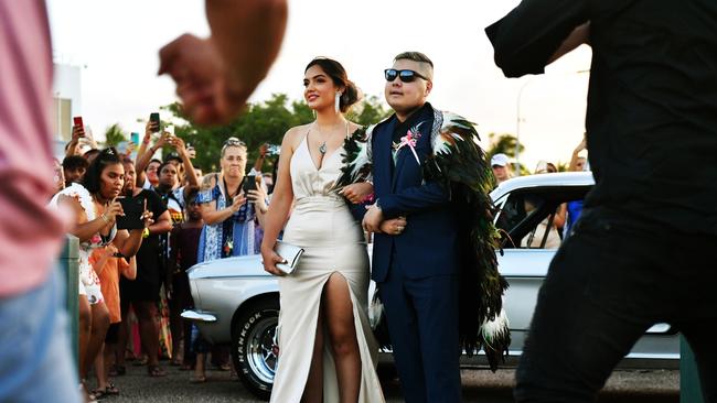 Raven Beddoes and Kaiya-Gene Kerekere arriving at the Kirwan State High School formal. Greeted by a Maori performance from family and friends. Kaiya was diagnosed with stage 4 cancer. Picture: Alix Sweeney