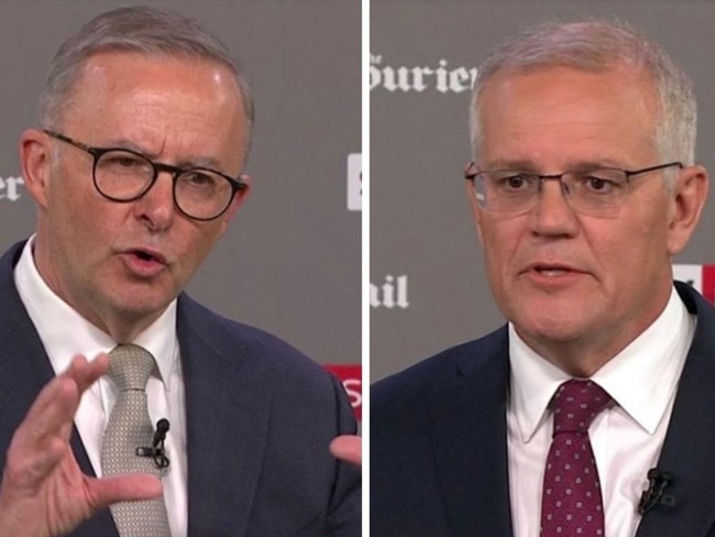 Anthony Albanese and Scott Morrison face off at the first leaders' debate. Picture: Sky News