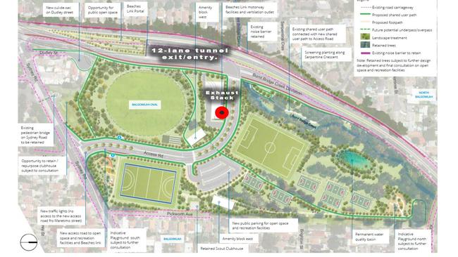 Post construction plan for the area closest to the Beaches Link tunnel. Add on graphics by Greg Cole.  Original plan: Transport for NSW