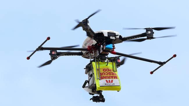 The drone with the inflatable device it drops. Pics Adam Head