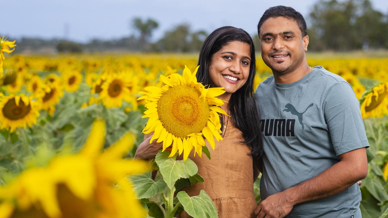 Sneha Babu with Shilbi Abraham in the Warraba Sunflowers summer crop, Wednesday, January 4, 2023.