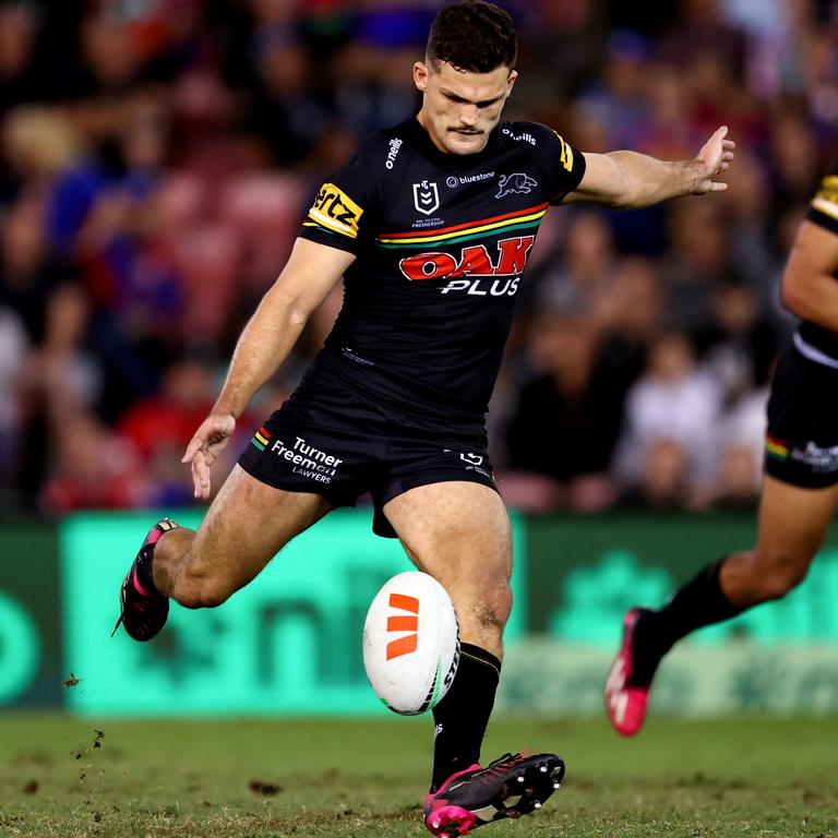 Nathan Cleary kicks winning field goal against Newcastle. Picture: Brendon Thorne/Getty