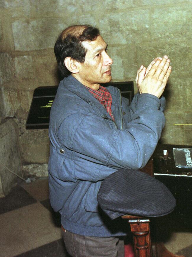 Sobhraj praying in Notre Dame Cathedral after his release from a New Dehli prison. Picture: Supplied