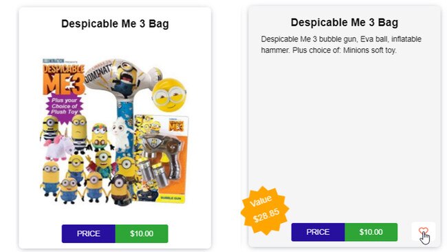 The front image usually depicts the showbag’s contents, or flip it to see a list plus the showbag’s value and price. Click on the heart icon to add the showbag to your favourites.