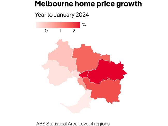 PropTrack’s heat map of Melbourne’s price growth.