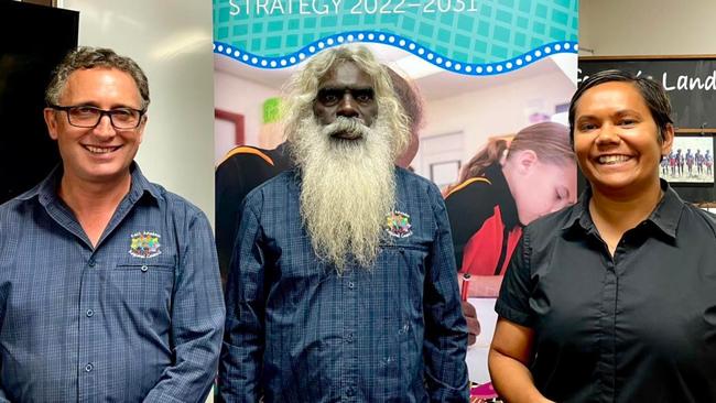 East Arnhem Regional Council CEO Dale Keehne, president Lapulung Dhamarrandji, and then Local Decision Making Minister Selena Uibo, who alongside her colleague Chansey Paech, pulled the trigger earlier in 2024 to formalise the creation of Groote Archipelago Regional Council. Picture: Facebook