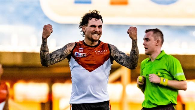 Jayden Magro celebrates a goal for the NTFL men's team against South Fremantle in the 2023 rep game. Picture: Patch Clapp / AFLNT Media