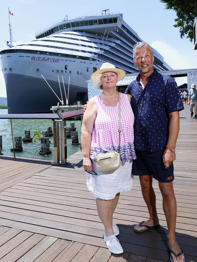 Virgin Voyages' brand new cruise ship, the Resilient Lady, has docked in Cairns for the first time. Amanda Watson and Craig Watson, from the south Island of New Zealand, boarded the adults only cruise in Greece and have spent 40 days sailing the world before arriving in Cairns. Picture: Brendan Radke