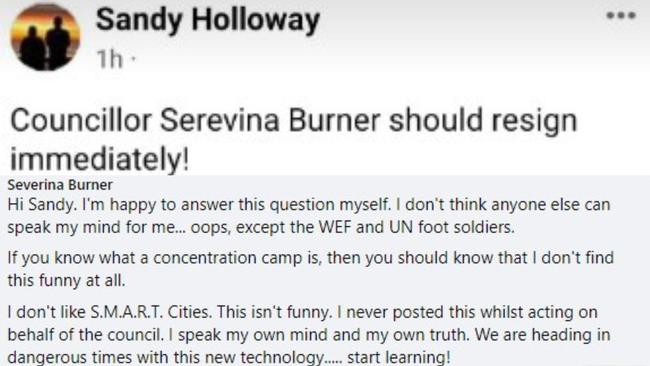 A Facebook interaction between resident Sandy Holloway and councillor Severina Burner. Picture: Facebook