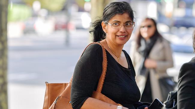 Dr Renuka Visvanathan outside the Industrial Court for a tribunal hearing in 2018. Picture: AAP / Morgan Sette