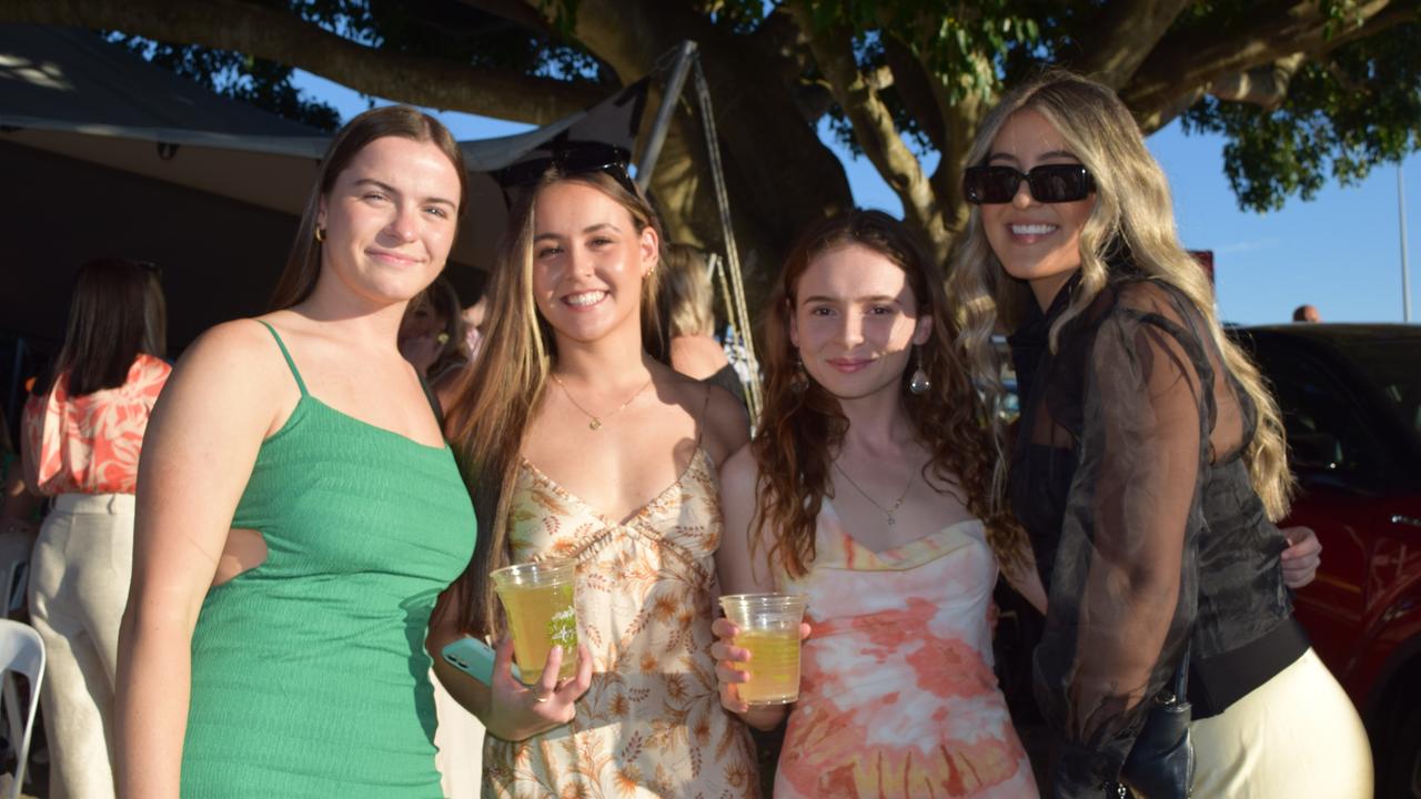 Holly Radge, Tyla Te Moana, Franky Auckland and Jamaica Te Moana enjoying the Noosa Dolphin's Ladies Day. Picture: Aisling Brennan