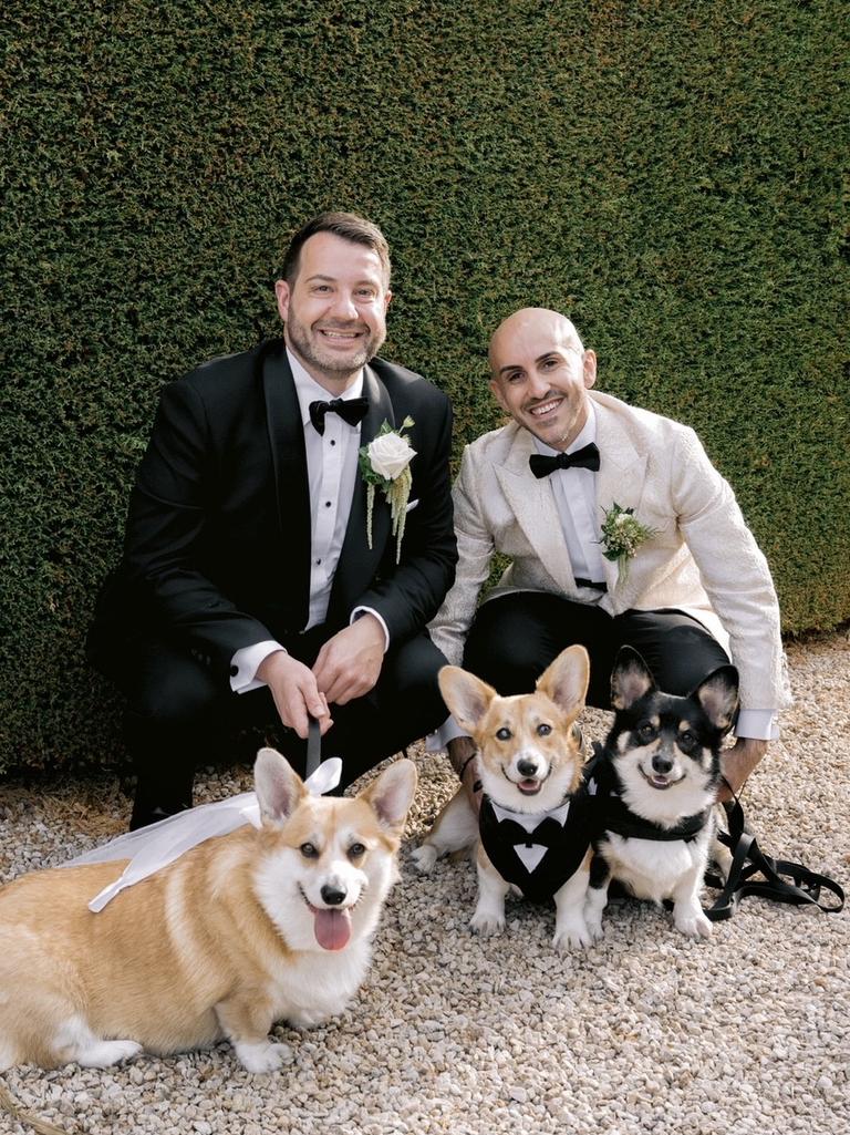Grooms Andrew and Stellios with their corgis, Cleo, Olly and Percy. Picture: B Captured by Ky Luu