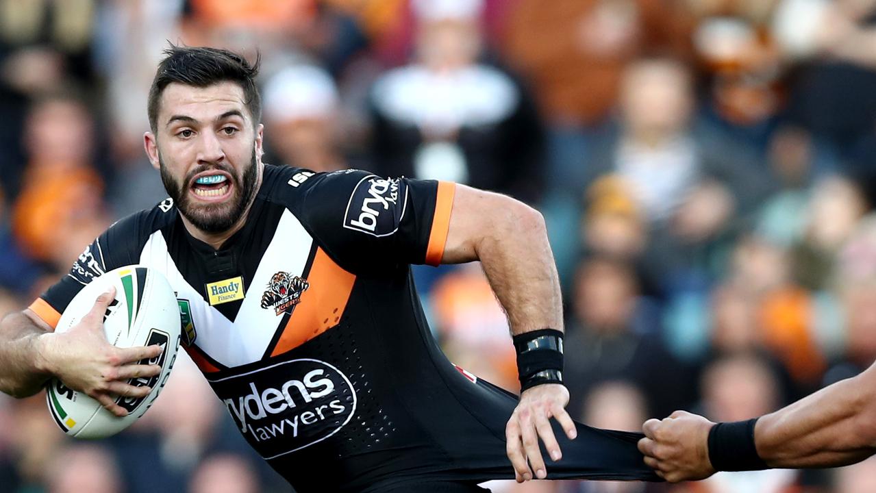 Tigers James Tedesco makes a break during the Round 22 NRL game between the Wests Tigers and the North Queensland Cowboys at Leichhardt Oval. Picture: Gregg Porteous