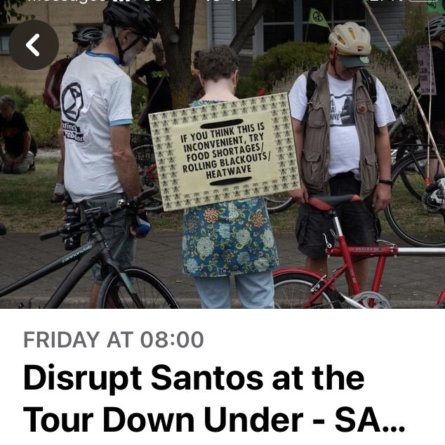 Extinction Rebellion invitation to disrupt the Tour Down Under. Picture: Facebook