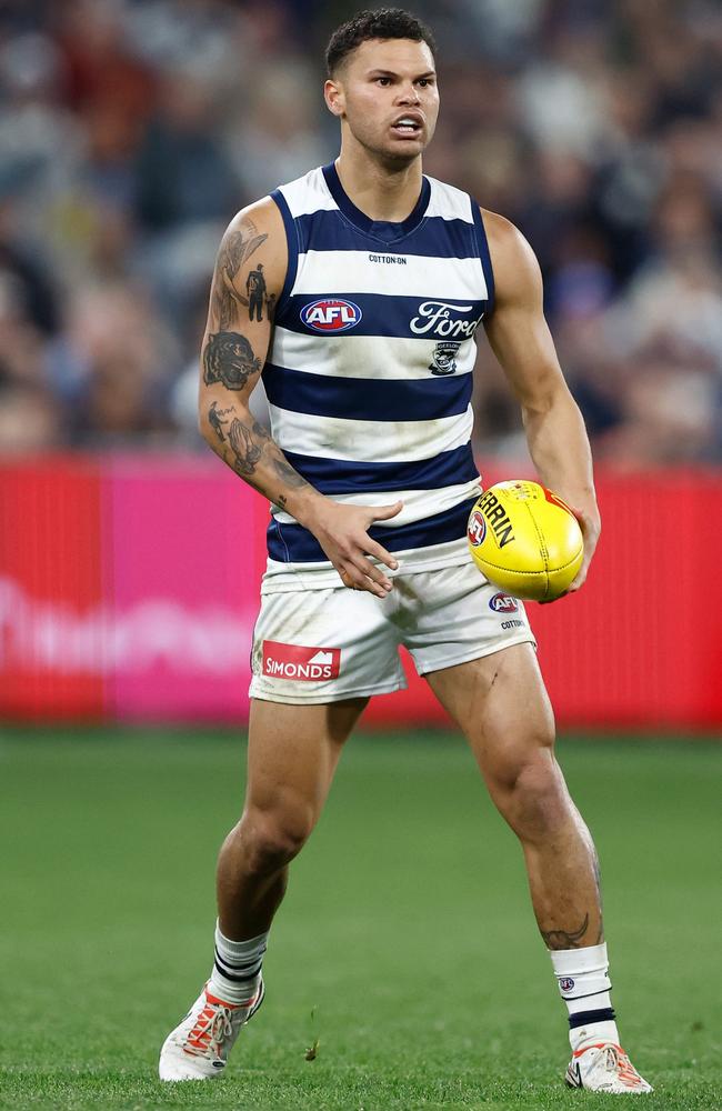 Brandan Parfitt of the Cats in action during the 2024 AFL Round 09 match between the Geelong Cats and Port Adelaide. Picture: Michael Willson/AFL Photos via Getty Images