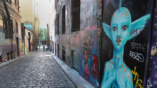 Melbourne’s world-renowned Hosier Lane completely empty as the state recorded more than 1600 new Covid-19 cases. Picture: David Crosling / NCA NewsWire