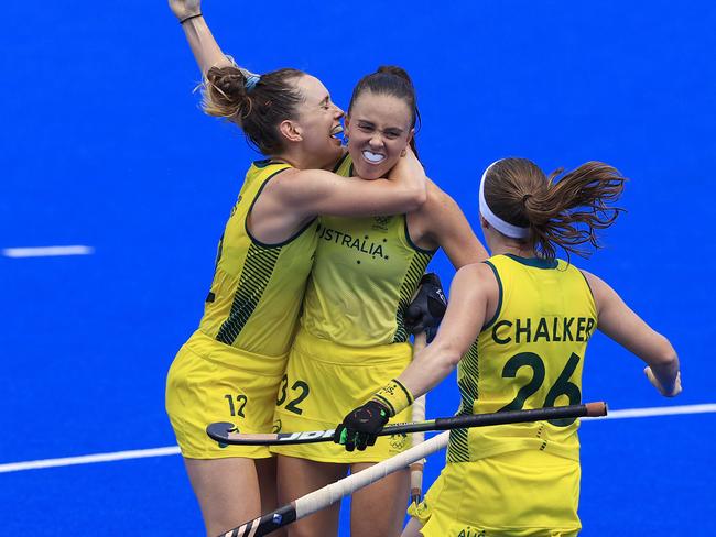 Savannah Fitzpatrick scores for Australia during Australia V Argentina Women's Hockey game at Oi Hockey Stadium in the 2020 Tokyo Olympics. Pics Adam Head