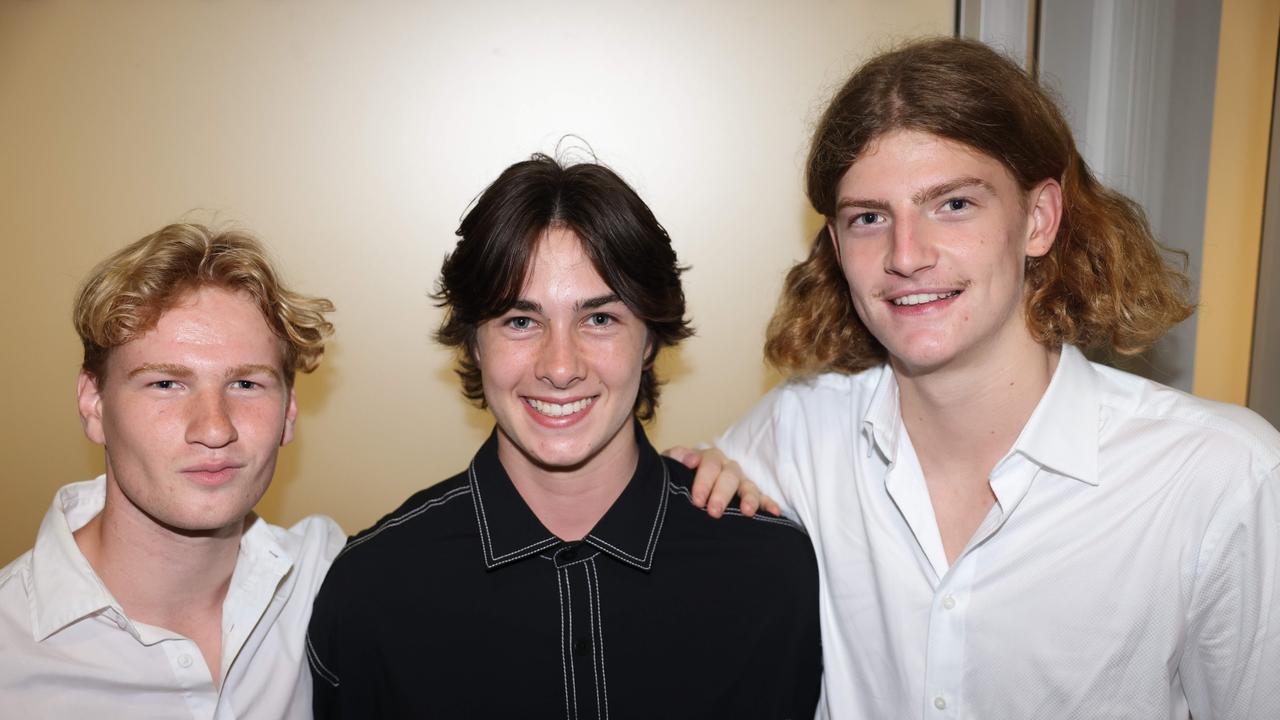 Dan Smith, Darby Dennis and Archie OConnor at the Varsity College Formal at Seaworld Conference Centre. Picture, Portia Large.