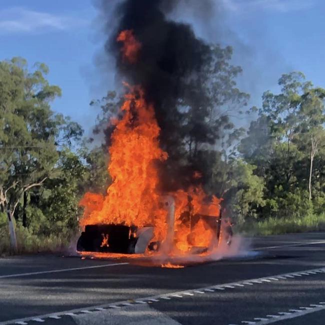 Kadin Berry's 1946 Chevrolet pick-up on fire on the side of the Bruce Highway at Tiaro.