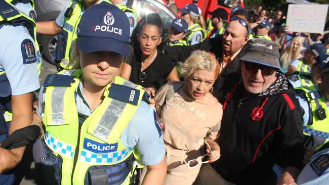 Womens’ rights campaigner Kellie-Jay Keen-Minshull is attacked at a rally in New Zealand. Picture: Dylan Reeve