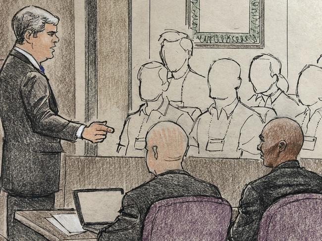 Courtroom sketches from the Noor/ Damond trial, where prosecutor Patrick Lofton opened the state case by arguing that “you should be able to ask the police for help and feel safe”. Sketch: Cedric Hohnstadt