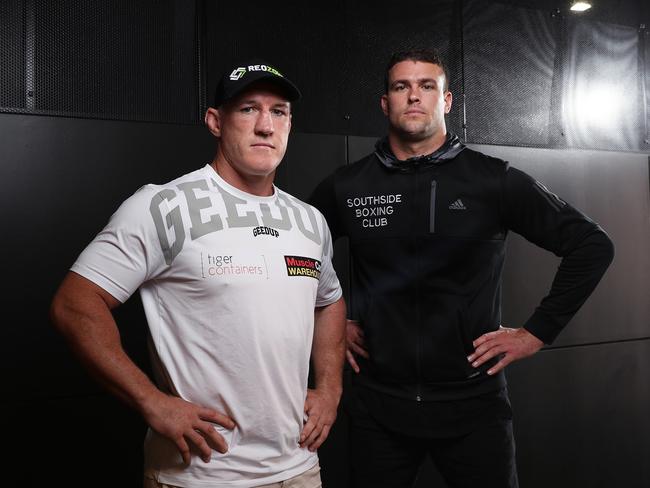 Australian boxers Paul Gallen and Darcy Lussick pose for a portrait after a press conference to announce a new boxing event on December 22, at The Venue, Alexandria. Picture: No Limit Boxing / Brett Costello