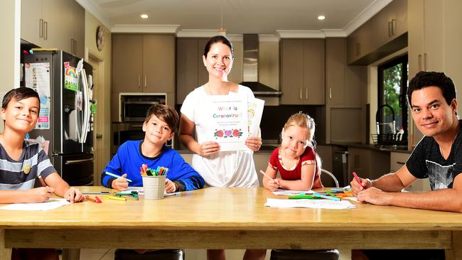 Townsville children's author Chelsea Smith has published an online activity book to help kids understand coronavirus. Pictured with husband Zafar and kids Zorion 11, Zavien 9 and Coralie 5