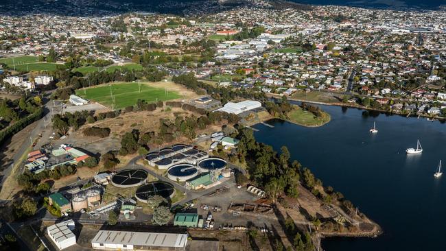 Aerial view of the Selfs Point wastewater treatment plant in Hobart. Picture: TasWater