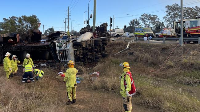 A man in his 60s has been rescued after his B-double truck rolled over on the outskirts of Bundaberg. Picture: Nicole Strathdee