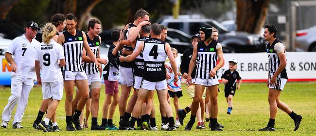 Waikerie footballer Daniel Nobes celebrates his 100th goal of the season in the Riverland Football League clash against Loxton Tigers in 2017. Picture: Grant Schwartzkopff