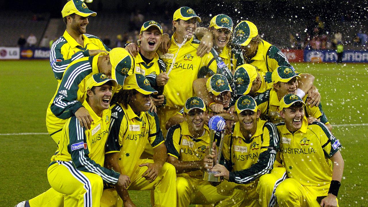 Australian celebrates winning the One Day Super Series against the ICC World XI at Telstra Dome in Melbourne on Sunday Oct., 9, 2005. Australia won the third match in the series by 156 runs to win the series 3-0. (AAP Image/Julian Smith)