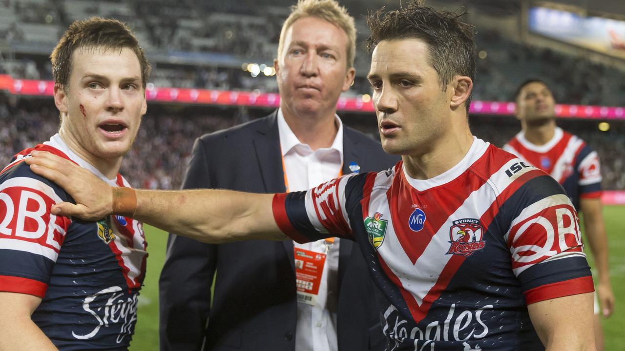Luke Keary, Trent Robinson and Cooper Cronk after the Roosters win over the Rabbitohs.
