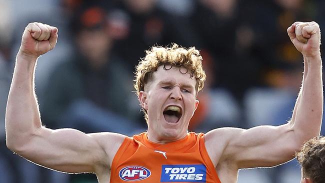 Giants Tom Green celebrates kicking the match winning goal during the AFL Round 21 match between the GWS Giants and Hawthorn Hawks at Manuka Oval, Canberra on August 4, 2024. Photo by Phil Hillyard(Image Supplied for Editorial Use only - **NO ON SALES** - Â©Phil Hillyard )