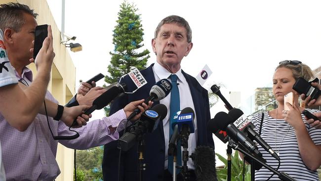 Cronulla Sharks CEO Lyall Gorman addresses the media outside Sharkies in Cronulla.