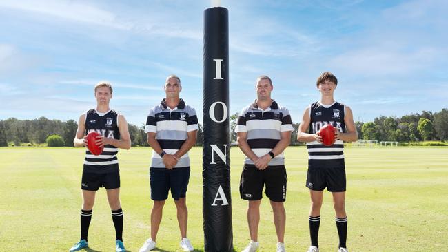 Ex-North Melbourne star Leigh Harding and former Brisbane Lions captain Tom Rockliff were now coaches at Iona College.Pictured with Archie Watts (right ) and Ben Lillico (left).