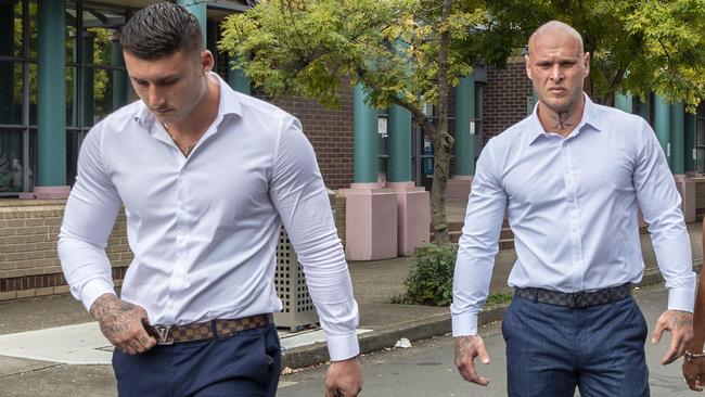 Bronson Xerri (left) and Troy Xerri leave Burwood Court in February 2021. Picture: Monique Harmer